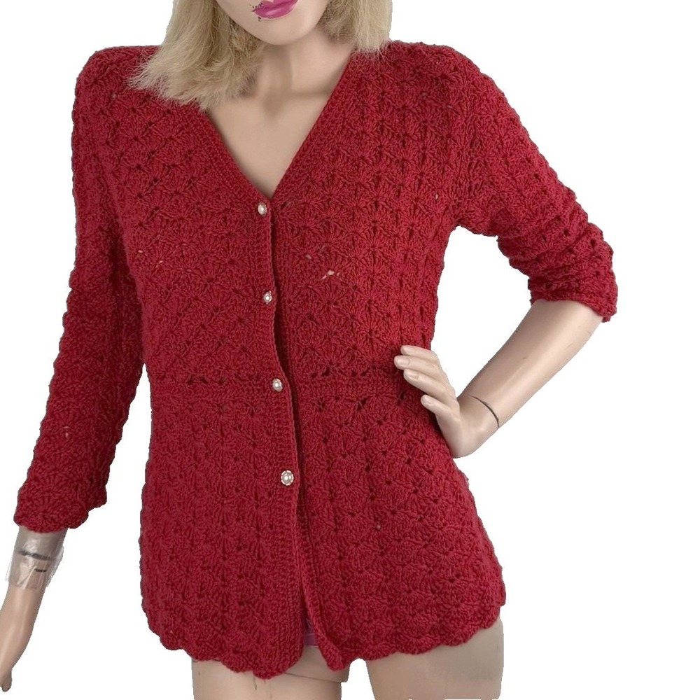 Vintage Handmade Button Up Cardigan Red Cottagecore Christmas Cozy Grandmacore S